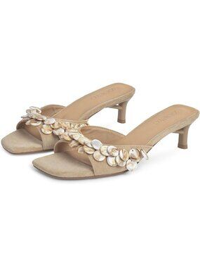 Women's Beige Suede Kitten Heels Sandals Square Open Toe Slip on Mule Heels
